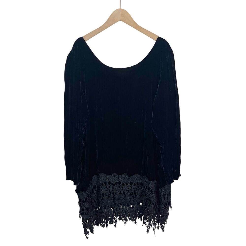 Vintage Alexander Brown Black Velvet Crochet Fringe Hem Tunic Top One Size